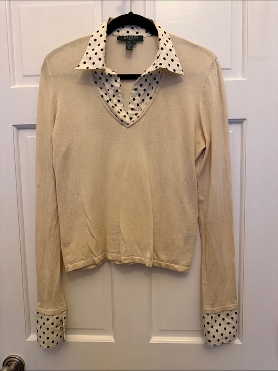 Lauren Ralph Lauren Sweaters - Lauren Ralph Lauren Cream V-Neck Sweater with Black Polka Dot Collar & Cuffs